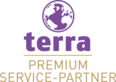Logo von terra mit dem Zusatz Premium Service-Partner. Steffers als terra Service Premium Partner garantiert eine top Beratung und Know-how zu den terra Produkten und Dienstleistungen.