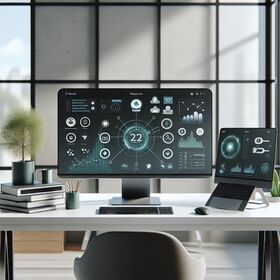 Moderner Arbeitsplatz mit Desktop- und Laptop-Bildschirmen, die IT-Dashboard-Visualisierungen anzeigen