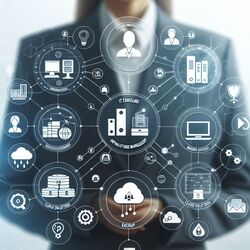 Grafische Darstellung von IT-Dienstleistungen: Eine vernetzte Infografik zeigt Symbole für Cloud-Computing, Backup, IT-Consulting, Infrastruktur, Datensicherheit, Digitalisierung und mehr. Im Hintergrund steht eine PErson im Anzug, die Techniklösungen symbolisiert.