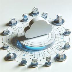 Ein zentrales, hell leuchtendes Cloud-Symbol schwebt über einer kreisförmigen Plattform, die von mehreren kleineren Symbolen umgeben ist. Die kleineren Symbole repräsentieren verschiedene Dienste oder Komponenten wie Gebäude, Datenbanksymbole und abstrakte Wirbel, die mit der zentralen Cloud durch Linien und Punkte verbunden sind. Das Bild stellt eine zentrale Rolle der Cloud in einer vernetzten IT-Infrastruktur dar.