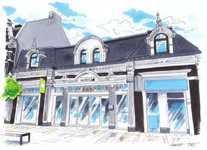Illustration eines historischen Ladengebäudes mit großen Schaufenstern und verzierter Fassade