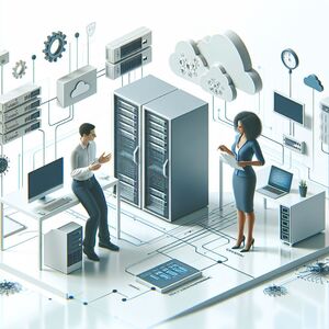 Zwei IT-Fachkräfte diskutieren in einem digitalen Rechenzentrum mit Cloud-Symbolen, Servern und Netzwerktechnologie