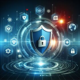 Symbolisches Bild zur IT-Sicherheit mit einem Schild und Schloss, umgeben von digitalen Sicherheits-Icons