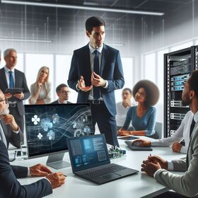 IT-Consulting-Team bei einer Besprechung in einem modernen Konferenzraum mit technischen Geräten und Server-Rack