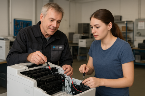 Ausbildung bei Steffers Das Bild zeigt eine Ausbildungssituation. Der Ausbilder erklärt der Auszubildenden an einem offenen Drucker das Innenleben.